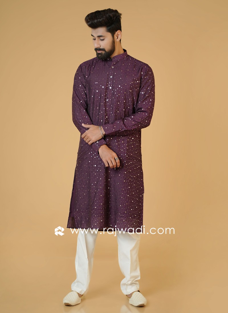 Purple And White Readymade Cotton Silk Kurta Pajama